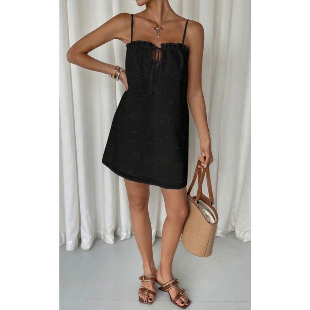 SHEIN Black Eyelet Tie Front Sleeveless Sundress Floral Adjustable Straps XS